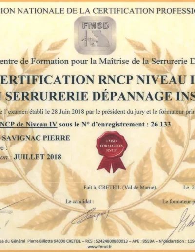 Certificat professionnel Serrurier - Dépanneur, Installateur