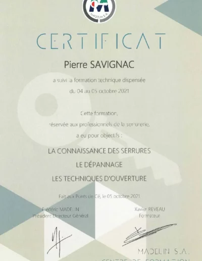 Certificat Serrurerie Dépannage, Ouverture de portes