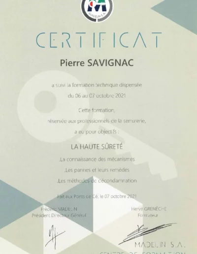 Certificat Serrurerie Haute sureté