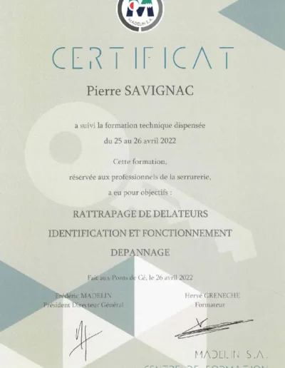 Certificat Serrurerie Haute sécurité, Reprise de délateurs